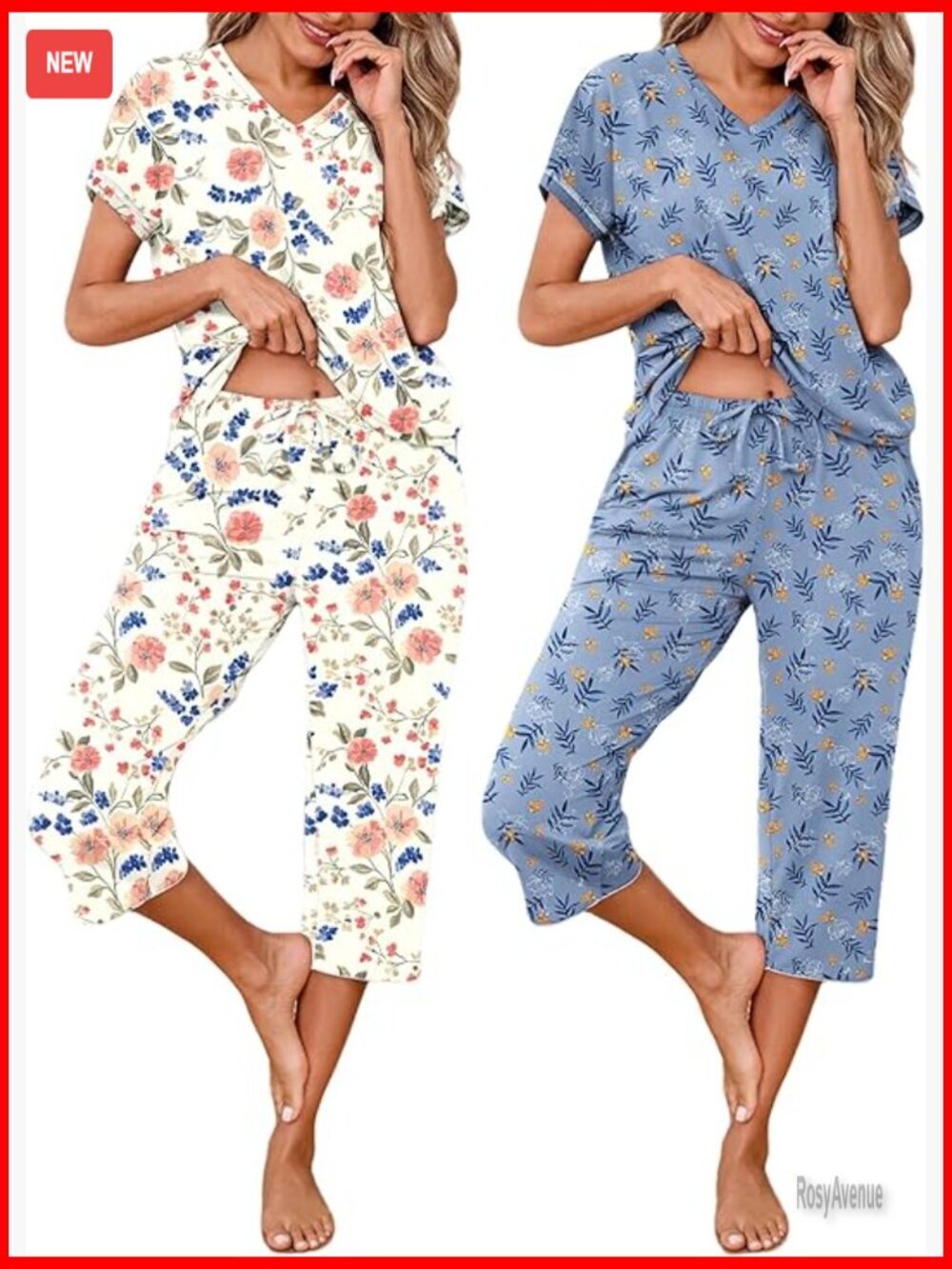 2 Pack Pajama Sets Short Sleeve Capri Pants with Pockets S-3XL